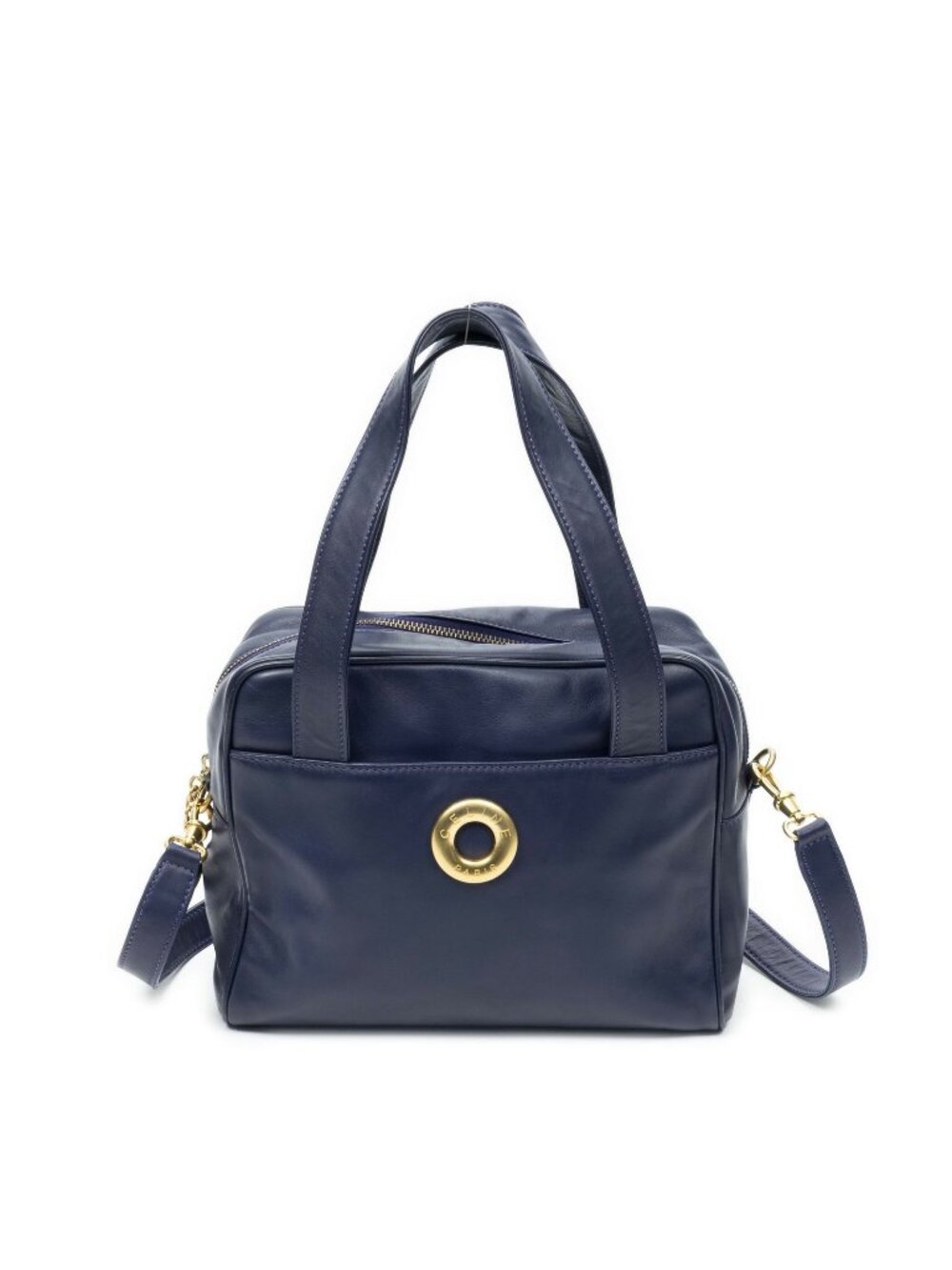 Celine Vintage Front Logo Shoulder Tote Bag Navy Calfskin Leather